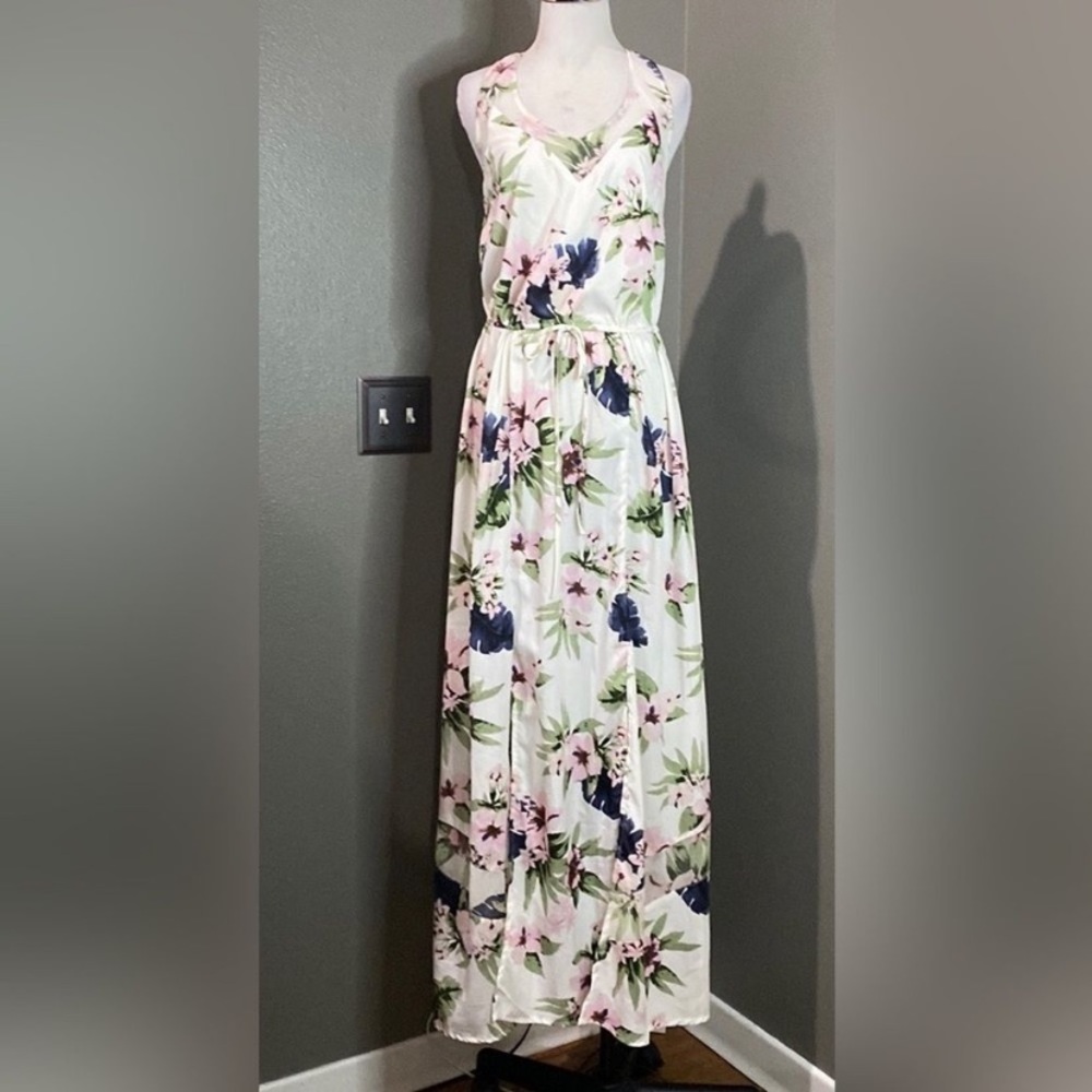 Bar III Sydney Floral Maxi Tank Dress Front Slits Sheer Panels
